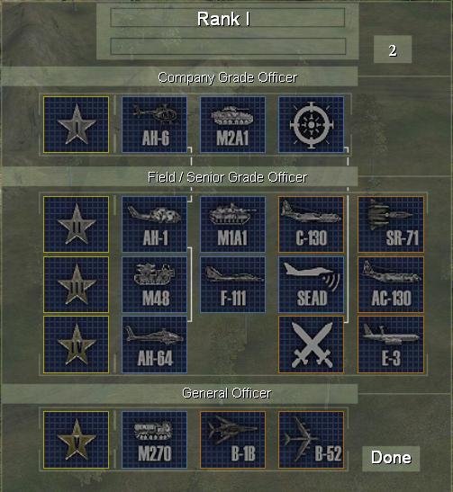 In this section some gameplay relevant features of Cold War Crisis are described. Promotions If you are promoted, you first need to purchase your new rank (yellow border) to the left.