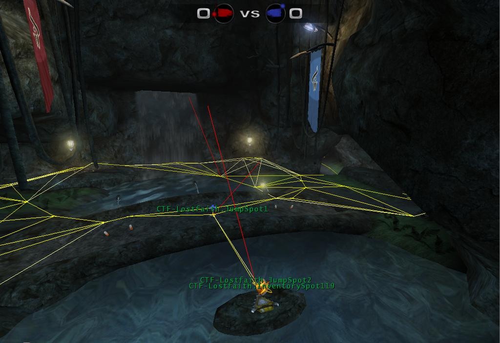 Figure 3.2: A navigation graph of the CTF-Lostfaith map shown in-game, formed by the yellow lines. getting stuck in the environment.