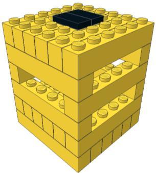 There are four food containers: Blue Container Green Container Red Container Yellow Container The food bricks are placed on top of the four