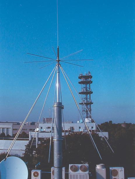 Fig. 9 Discone antenna for use in the present experiment for the indoor experiment obtained by using FFT to convert the field-experiment I-Q data into a frequency region. In Fig.