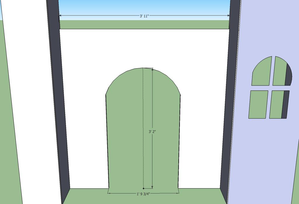 [21] Working on the front center, cut out the door. I made the door 22 wide and 38 high in the middle.