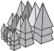 Spaceships are represented by non-vertical pyramids. The direction they point in indicates who they belong to.