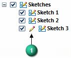 Plane locking and PathFinder Whether you lock the sketch plane automatically or manually, a locked plane indicator (1) appears in PathFinder adjacent to the sketch which is locked.