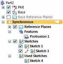 Drawing synchronous sketches of parts Sketching and PathFinder The sketches you draw are listed in PathFinder.