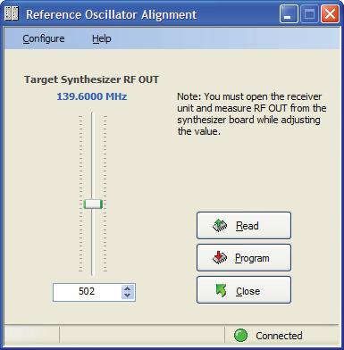The reference oscillator frequency is shown as the Target Synthesizer RF OUT. Enter this RF frequency into the IFR COM- 120.