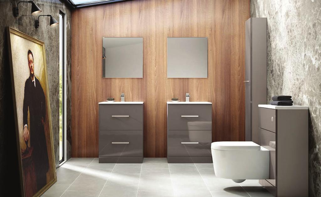 Henley This high gloss slab door provides elegance and simplicity, the perfect choice for a contemporary bathroom.