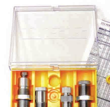 98 Die sets include: Collet neck sizing die, dead length bullet seating die, shell holder, powder measure, charge table and storage box. Most calibers not listed can be custom made for $70.
