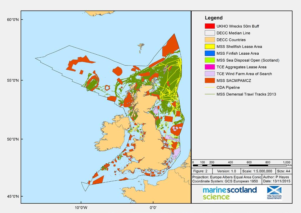 SCALE AND CONTEXT UKCS 874,011 km2 UK Land 244,579 km2 Shellfish Lease 24 km2 Finfish Lease 53 km2 Sea Disposal Site Active in Scotland 50 km2 UK Wrecks 50 m Buffer 90 km2 UK Aggregate Extraction