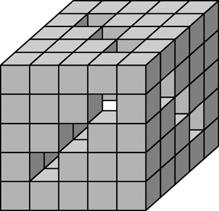 26. Mike had 125 small cubes. He glued some of them together to form a big cube with nine tunnels leading through the whole cube as shown in the diagram. How many of the small cubes did he not use?