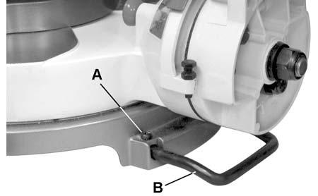 Loosen the lock nut (D) with a 13 mm wrench, then turn the stop nut (E) to extend the locking arm against the base of the miter saw. 3.