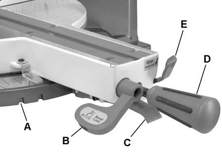 2. Raise the positive stop locking lever (C) up, at the same time grasp the miter handle (D) and rotate the miter table left or right to the desired angle. 3.