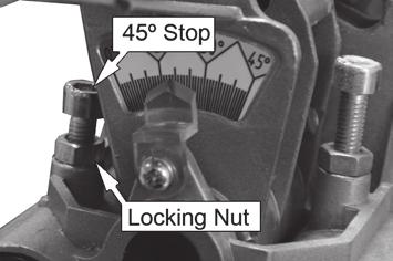 45 DEGREE STOP ADJUSTMENT 1. Loosen the bevel clamp handle and set the saw head as far to the left as possible (this should be the 45 angle) 2.