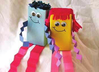 Leader s Resource 2 Juice Box Dolls What you ll need: Empty rectangular juice box container Construction paper in your favourite colours Yarn or wool 2 large wiggle eyes (for each doll) Felt scraps