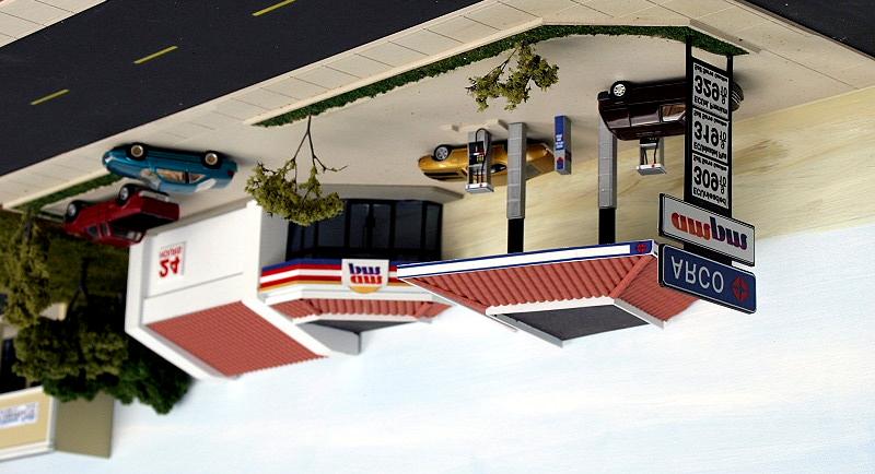Modern Gas Station backdrop building kit in HO scale This kit includes all building parts, pumps, signs, and base milled in