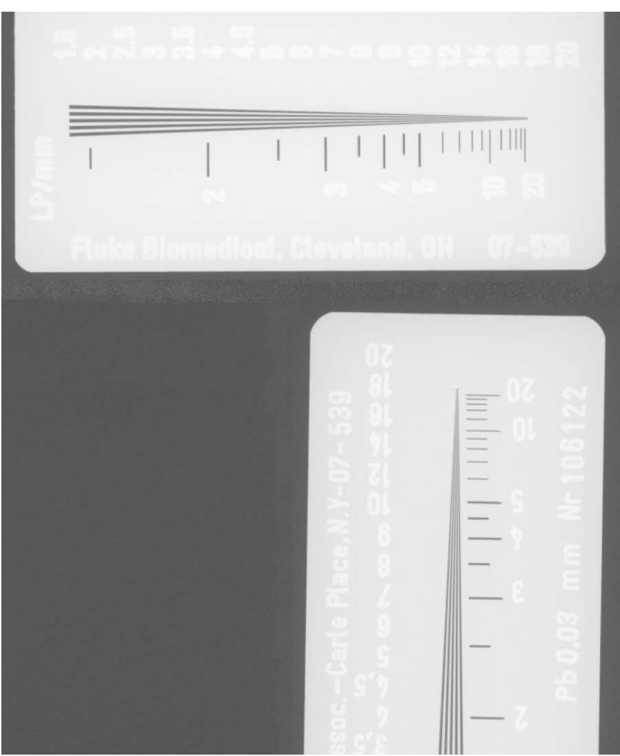 record the highest frequency visible for each test image on the monthly, quarterly and semi-annual checklist (Chart B). Figure 11: Radiograph of a resolution test pattern.
