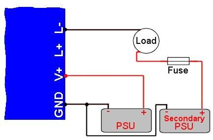 Fig 3: Typical power connections for inductive loads Fig 2: Typical power connections Fig 4: Typical power connections with secondary supply Active Voltage and Current Limiting The onboard current
