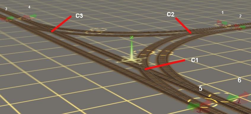 At C3 we have a potential collision from routes 6-4 and 3-2. In those situations, the Trainz AI can still help. Let s take a closer look: I ve added two more signals, at D and E.