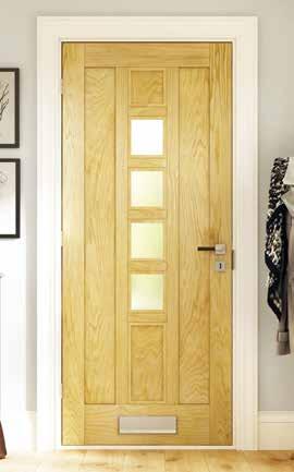 Newton Glazed Oak Modern oak veneer panelled door. Engineered for greater resistance to twisting, warping and splitting. Double glazed toughened obscure glass to BS EN 12150.
