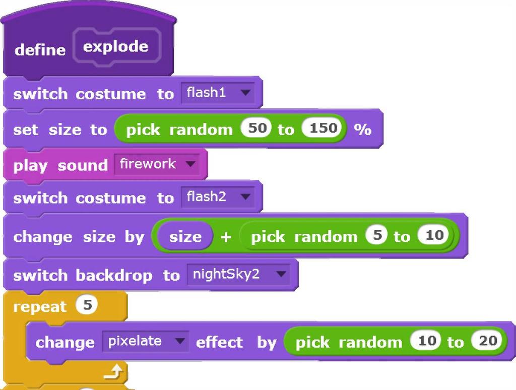 (d) explode block definition makes and defines explode block switches rocket costume to