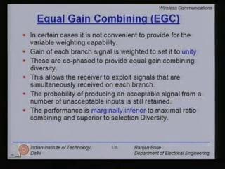 This is the block diagram for equal gain combining or EGC these are the M antenna elements or branches, we have the phase term then we have cophasing and summing up and then demodulation and