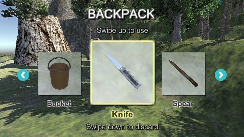 The inventory menu shows the objects that picked by the player. It was made by the UI component of Unity 3D. The menu can show 3 objects at most at the same time, and it can be scrolled horizontally.