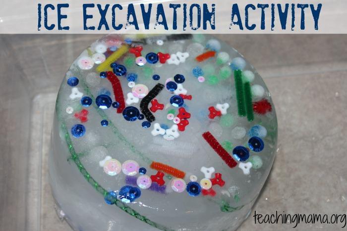 Day 19: Ice Excavation Activity Large bowl Water Items to put in the water (sequins, string, buttons, etc.) Water droppers Pour water into a large bowl. Add in objects. Place in the freezer overnight.