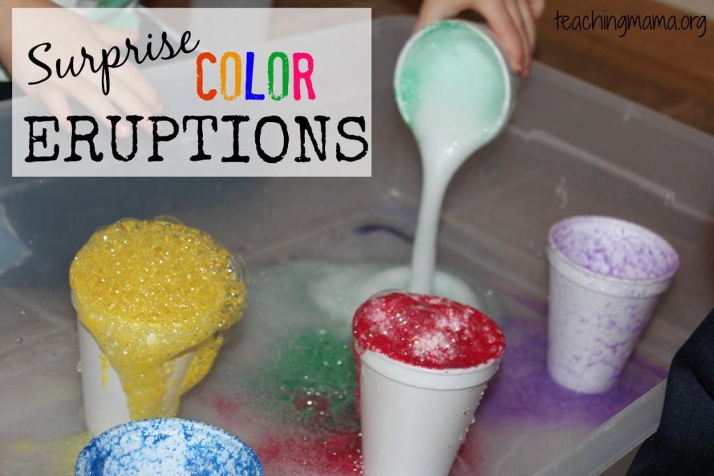 Day 22: Surprise Color Eruptions Baking soda Colored craft sand Vinegar Styrofoam cups Large tub Pour colored sand into a Styrofoam cup. Cover the sand with 1-2 tablespoons of baking soda.