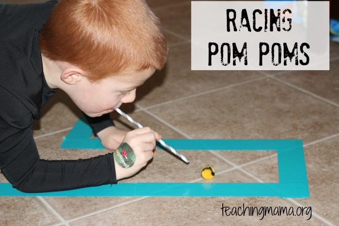 Day 29: Racing Pom Poms Duct tape Pom pom Straw Tape a track onto