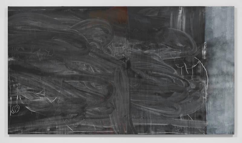 Rita Ackermann, The Wall Coming Down, 2014, Enamel, acrylic, spray paint, chalk on canvas 183.2 x 325.4 x 5.