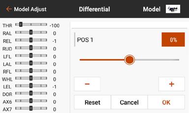 To adjust the Differential: 1. From the Model Adjust menu, touch Differential. 2. Set Switch to On to use a single value for differential, or assign a switch from the popup menu. 3.