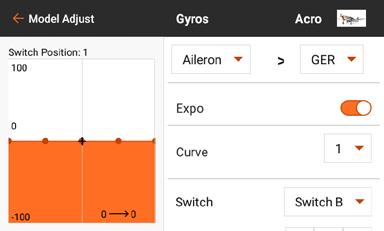 The Heli gyro type is used when a helicopter style heading hold gyro control input method is used. For these curves the numbers range from -100 to 100.