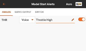 MODEL START ALERTS The Model Start Alerts menu includes three options: STICK INPUT, SERVO OUTPUT and SWITCH, which appear in the ribbon at the top of the screen.