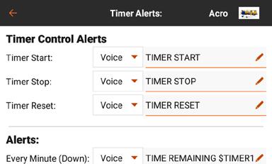 From the Timer Alerts menu, select any of the Timer Control Alerts to change the alert type as well as the spoken text for the functions of