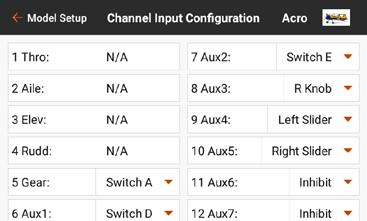 CHANNEL INPUT CONFIGURATION In the Channel Input Configuration menu, all but the primary flight controls are available for assignment, indicated by a drop down menu button next to each channel.* 1.