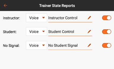 TRAINER ALERTS The Trainer State Reports menu allows the user to change the audio reports that indicate current control and connection status of the trainer