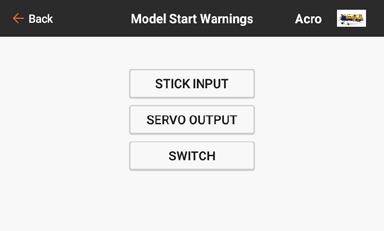 MODEL START WARNINGS Model Start Warnings are used to warn of the state of specific modes or features that are active when RF is powered on.