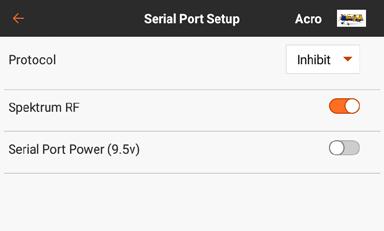 SERIAL PORT SETUP The Serial Port Setup menu manages serial port usage on the back of the transmitter.