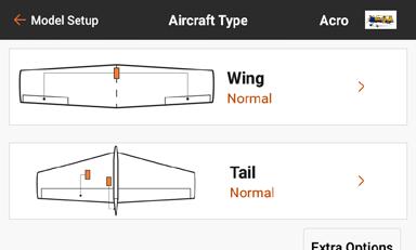 AICRAFT TYPE (AIRPLANE) Wing Choose from eleven common airplane wing control configurations. The default configuraton is Normal, which is a single aileron servo configuration.