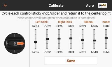 CALIBRATION The Calibration menu allows the user to ensure the analog input devices (control sticks, sliders, and knob) are working properly.