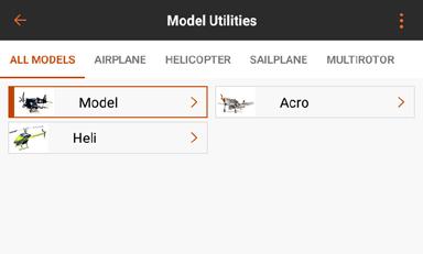 MODEL UTILITIES The Model Utilities menu is accessed by touching the model name at the top left corner of the home screens in the Spektrum AirWare app.