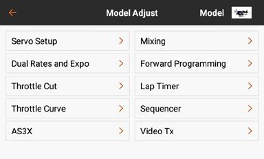 The Model Adjust menu features common across model types include: Servo Setup Lap Timer Mixing Throttle Curve* Dual Rates and Expo
