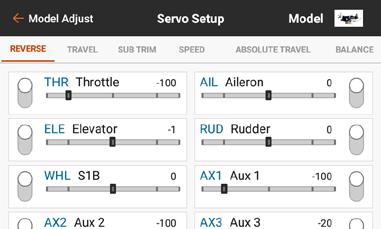 SERVO SETUP From the Model Adjust menu, touch Servo Setup.