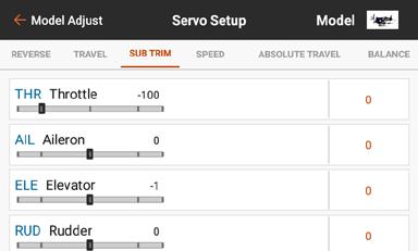 SUB TRIM The Sub Trim menu adjusts the servo travel center point.