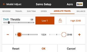 To adjust the absolute travel limit: 1. Touch ABSOLUTE TRAVEL in the ribbon at the top of the Servo Setup menu. 2. Touch the low or high values to adjust the limit value in the desired channel.