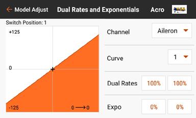 To program dual rates and expo: 1. From the Model Adjust menu, touch Dual Rates and Expo to open the scrollable menu. 2.