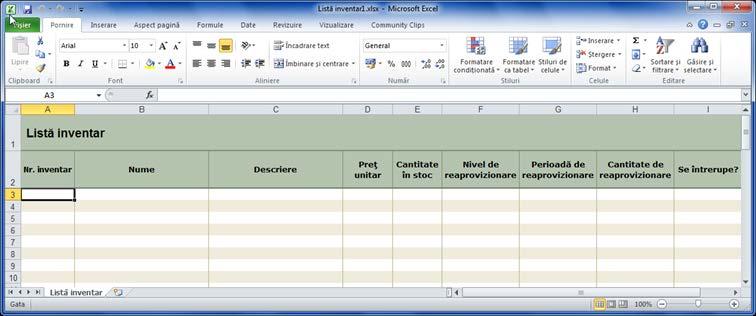 Exercițiu 1-3 6. Faceţi clic pe Inventare din şabloanele Office.com disponibile, iar apoi pe Descărcare. Excel creează o nouă foaie de lucru bazată pe şablonul Inventare.