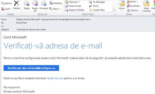 Exercițiu 7-5 7. Faceţi clic pe butonul Verificați <adresa dvs. de email> din mesajul primit de la Microsoft. 8. Faceţi clic pe OK. 9.