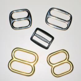 (1 ) metal rectangular loops (2) for permanent strap. See pictures below. ¾ (1 ) gate (snap) clips (2) for removable strap. See pictures next page. ¾ (1 ) 2 loop slider (1) for adjustable strap.