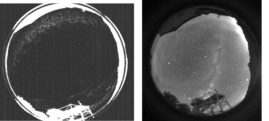 Figure 6: Sky quality images (left side) and visible images (right side) taken at the same time. 4.