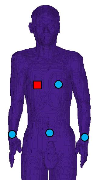 Electronics 2014, 3 404 As shown in Figure 9a, one transmitter is attached to the right side of the chest while four receivers are attached on the left of the chest, right and left of the waist and